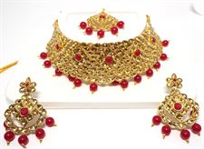 Red Pearl Golden Color Necklace Set for Women to wear in Wedding  Bridal (Earrings and Tikka included)