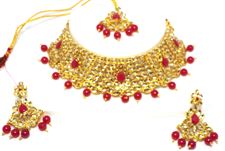 Red Pearl Golden Color Necklace Jewellery Set for Wedding  Bridal (Earrings and Tikka included)