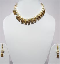 White Pearls Golden Drops Necklace Jewellery Set for Wedding  Bridal (Earrings and Tikka included)